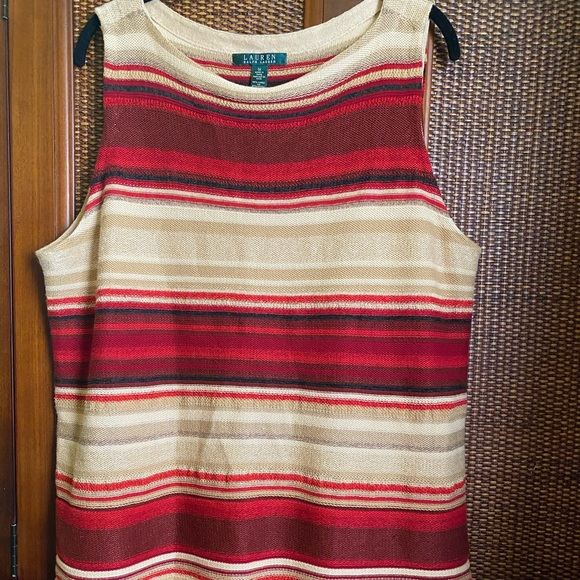 LAUREN Ralph Lauren Plus Size Sleeveless Striped Knit Sweater 1X Red Beige - Picture 1 of 3
